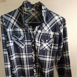 Lee Cooper Navy & White Plaid Sheer Blouse size L